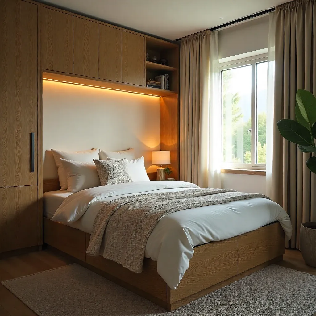 Small bedroom with integrated storage bed